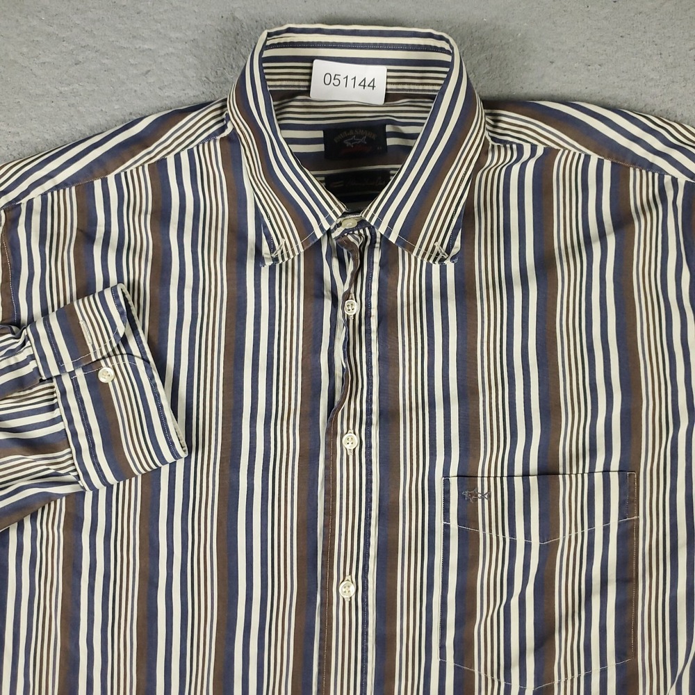 Paul & Shark Shirt Mens 44 Blue Brown Striped Casual Button Up Long Sleeve